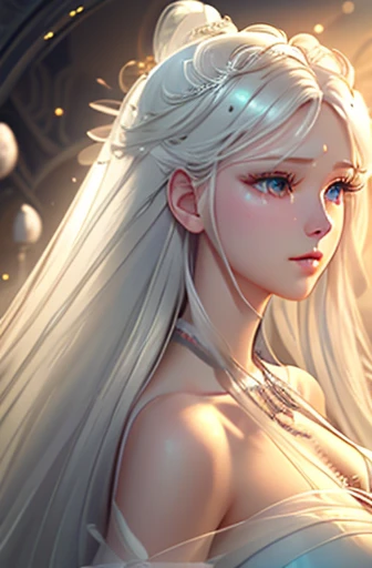 （（highest quality））， （（masterpiece））， （detailed：1.4）， Beautiful Woman Images，High resolution（High Dynamic Range），Ray Tracing，NVIDIA，Super Resolution，Scattered beneath the surface of the water，PBR Textures，Post-processing，Anisotropic Filtering，Maximum depth of field resolution and crisp layer textures，Albedo and Specular Maps，Surface Shading，Accurate simulation of material interactions，Perfect balance，Rendering with Octane，2-color light，Large Diameter，Low ISO，White balance，Rule 3 points、8K raw data、Beautiful white and shining skin、White hair that changes color depending on the light、Long bangs obstruct the view、Highlights of cheek luster、Sexy and very beautiful and adorable face、The most beautiful face in the world、Super long and gorgeous white hair、Smooth straight hair、big, light blue eyes shimmering、Beautiful Bangs、Beautiful cute girl 18 years old、Big cleavage、White tulle dress、holding a bouquet of light blue flowers