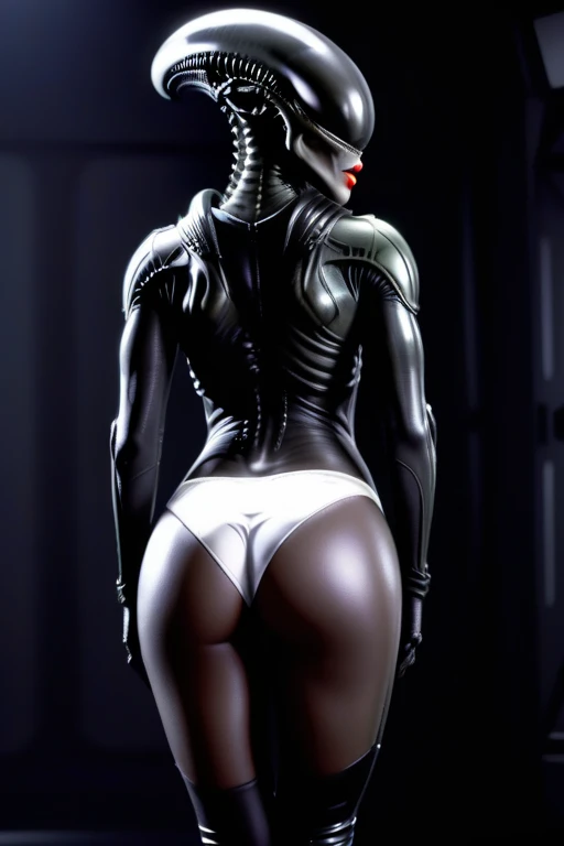 female xenomorph, white underpants and bra, lips, looking back, spreading legs, rear view, black skin, shiny, reflective, white panties, white bra, back view