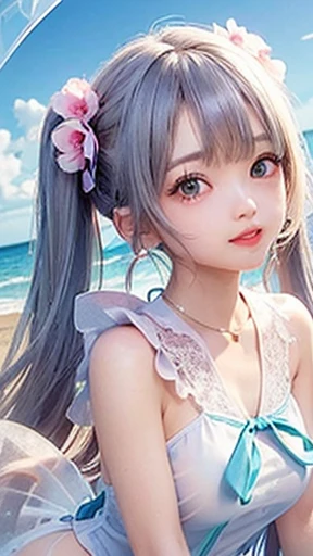 (highest quality, masterpiece), One girl, Twin tails、Pause, particle, Wind, flower, Upper Body, Simple Background, View your viewers, , Milky Way,smile、Turquoise eyes、(Silver Long Hair)、cute、Twin taililky way、Crescent Moon、、((flower柄、pink、Semi-transparent sailor suit、Her breasts are visible through her eyes.、Stylish lace mini skirt,Translucent swimsuit))、