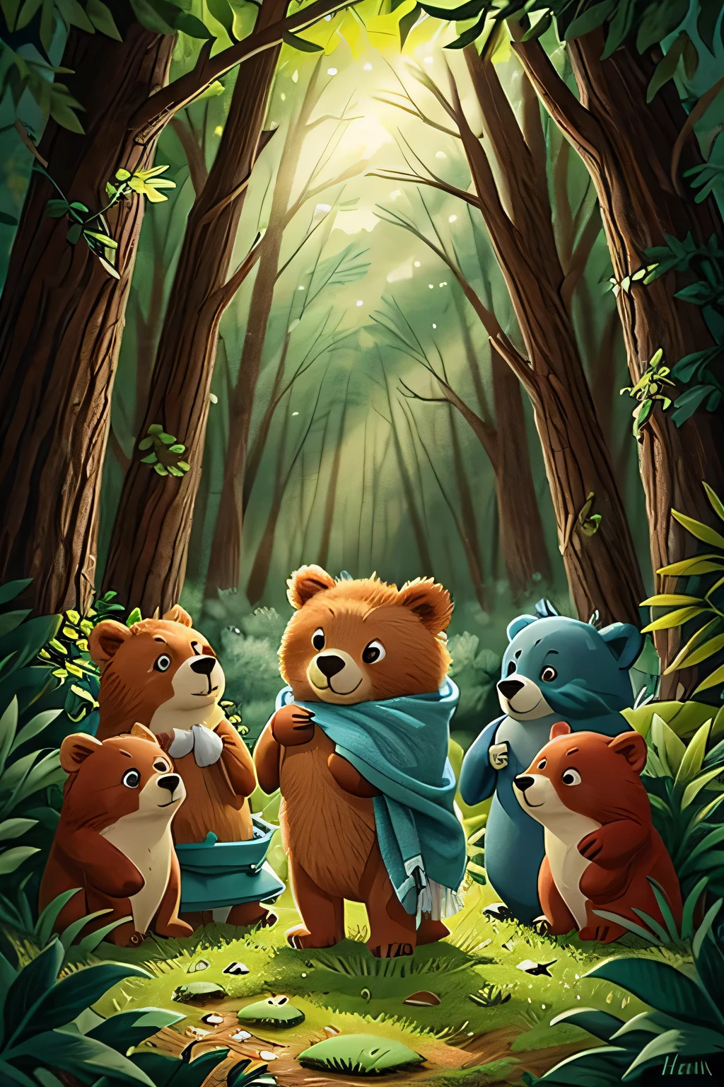 Many forest animals gathered excitedly in a clearing in the woods. Little Bear hugged the soft blue blanket tightly