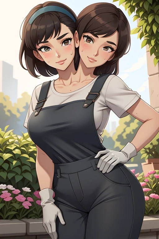 2heads, a tall thin woman with two heads. She is outside in a garden, she is gardening. She is very tall. She is very skinny. She has short black hair in a bun. She looks mature. She has very thick full lips. She is wearing overalls with a colorful T-shirt underneath, and gardening gloves. She is wearing a bandana on her head. She is smiling. She is blushing. She looks sweaty and tired. Mature, milf. Flirty, flirtatious expression, flirty pose. Sweaty, sweating. 