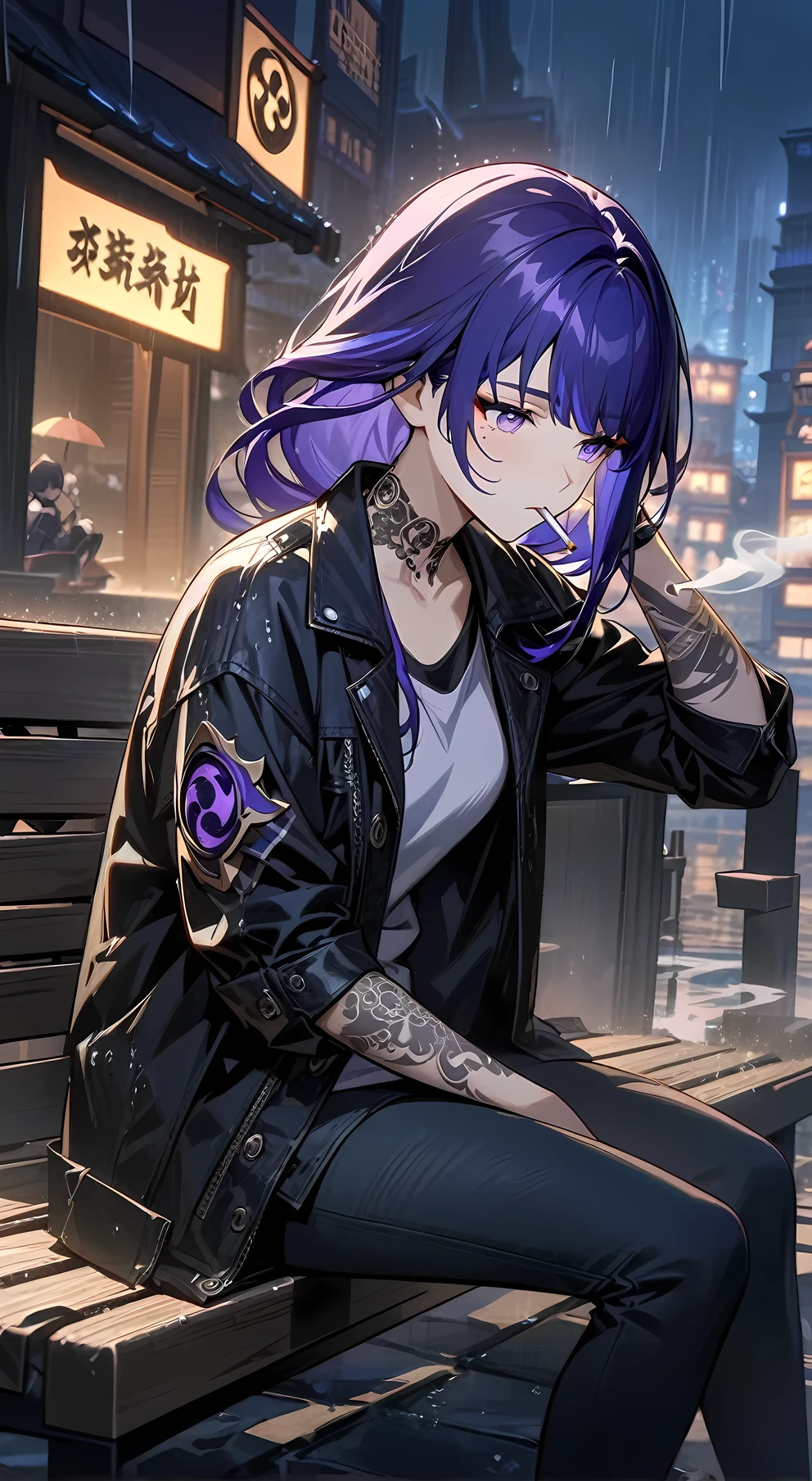raiden shogun from genshin impact,tattoo on the neck and arm,wear black modern T-Short and black modern jeans,sunglasses,Sitting on a bench,smokes a cigarette,cigarette smoke, sad face, depress, night city,rain, (best quality), ultra high res, professional artwork, ultra detailed, intricate, detailed face,