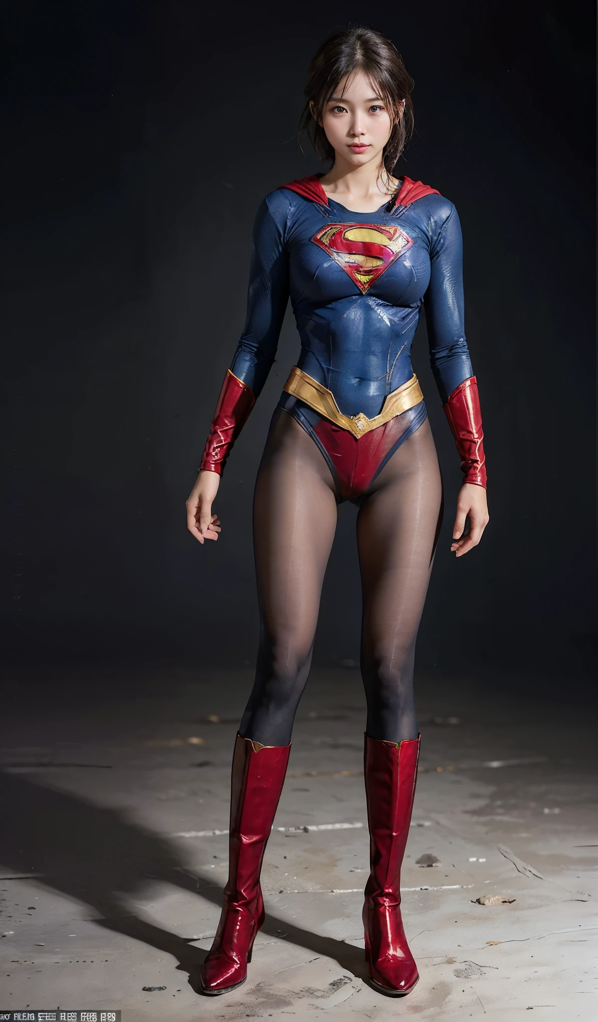 No background、(((Beautiful legs in black tights.)))、(((Legally express the beauty of your smile)))、((((Make the most of your original images)))、(((Supergirl Costume)))、(((Beautiful boyish short hairstyle)))、(((suffering)))、(((Please wear black tights....、Wear red boots)))、((Best image quality、8k))、((highest quality、8k、masterpiece:1.3))、(((Preserve background )))、Sharp focus:1.2、Beautiful woman with perfect figure:1.4、Slim Abs:1.2、Wet body:1.5、Highly detailed face and skin texture、8k