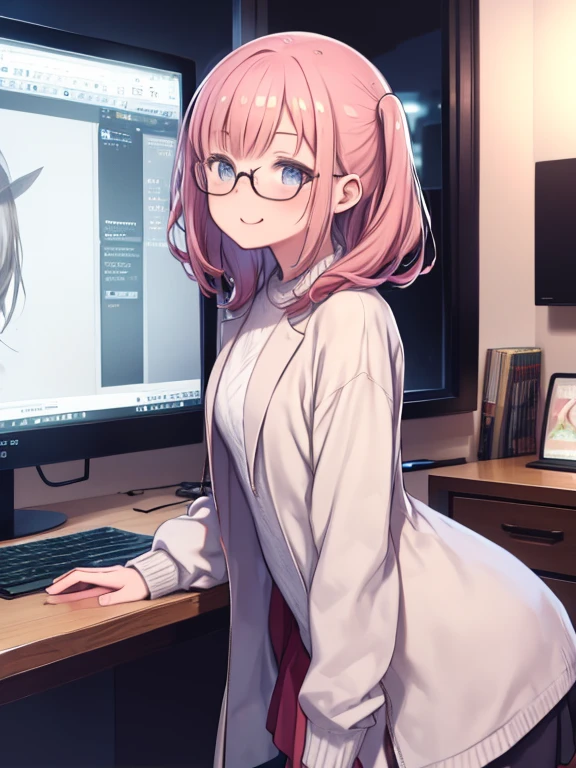 masterpiece、highest quality、High resolution、Very detailed、Medium wide shot、Cowboy Shot、Girl、Illustrator、Staring at your computer monitor、Drawing illustrations on a tablet、Leaning forward、laughing、Glasses、Glassesにモニターの映像が反射している、Dark Room、indoor、Flashy clothes、Colorful clothes、night、I have a pen、Glassesが光っている、