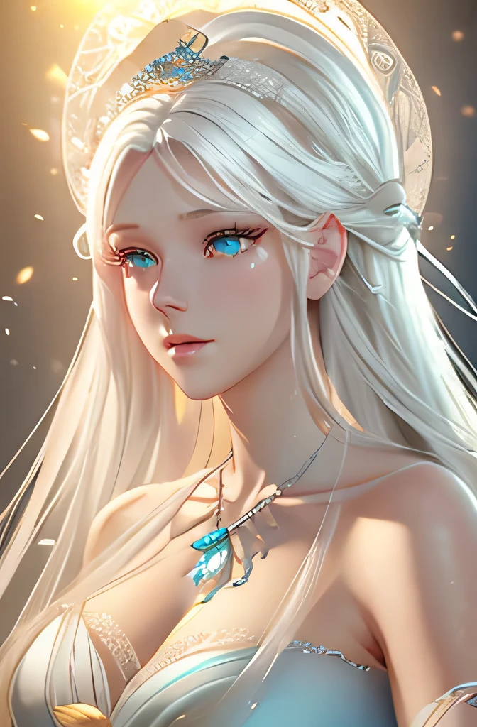 ((highest quality)), ((masterpiece)), (detailed:1.4), Beautiful Woman Images,High resolution(High Dynamic Range),Ray Tracing,NVIDIA,Super Resolution,Scattered beneath the surface of the water,PBR Textures,Post-processing,Anisotropic Filtering,Maximum depth of field resolution and crisp layer textures,Albedo and Specular Maps,Surface Shading,Accurate simulation of material interactions,Perfect balance,Rendering with Octane,2-color light,Large Diameter,Low ISO,White balance,Rule 3 points、8K raw data、Beautiful white and shining skin、White hair that changes color depending on the light、Long bangs obstruct the view、Highlights of cheek luster、Sexy and very beautiful and adorable face、The most beautiful face in the world、Super long and gorgeous white hair、Smooth straight hair、big, light blue eyes shimmering、Beautiful Bangs、Beautiful cute girl 18 years old、Big cleavage、White tulle dress、holding a bouquet of light blue flowers