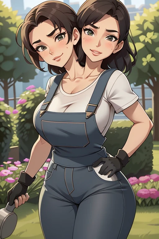 2heads, a tall thin woman with two heads. She is outside in a garden, she is gardening. She is very tall. She is very skinny. She has short black hair in a bun. She looks mature. She has very thick full lips. She is wearing overalls with a colorful T-shirt underneath, and gardening gloves. She is wearing a bandana on her head. She is smiling. She is blushing. She looks sweaty and tired. Mature, milf. Flirty, flirtatious expression, flirty pose. Sweaty, sweating. 