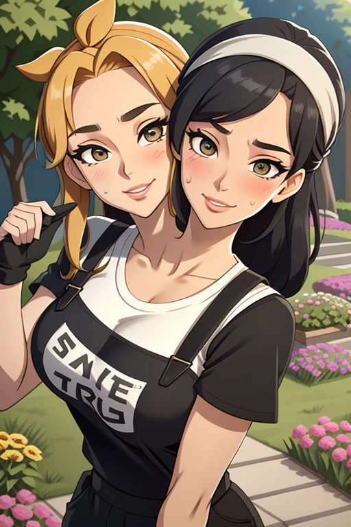 2heads, a tall thin woman with two heads. She is outside in a garden, she is gardening. She is very tall. She is very skinny. She has short black hair in a bun. She looks mature. She has very thick full lips. She is wearing overalls with a colorful T-shirt underneath, and gardening gloves. She is wearing a bandana on her head. She is smiling. She is blushing. She looks sweaty and tired. Mature, milf. Flirty, flirtatious expression, flirty pose. Sweaty, sweating.