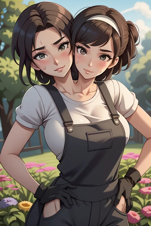 2heads, a tall thin woman with two heads. She is outside in a garden, she is gardening. She is very tall. She is very skinny. She has short black hair in a bun. She looks mature. She has very thick full lips. She is wearing overalls with a colorful T-shirt underneath, and gardening gloves. She is wearing a bandana on her head. She is smiling. She is blushing. She looks sweaty and tired. Mature, milf. Flirty, flirtatious expression, flirty pose. Sweaty, sweating. 