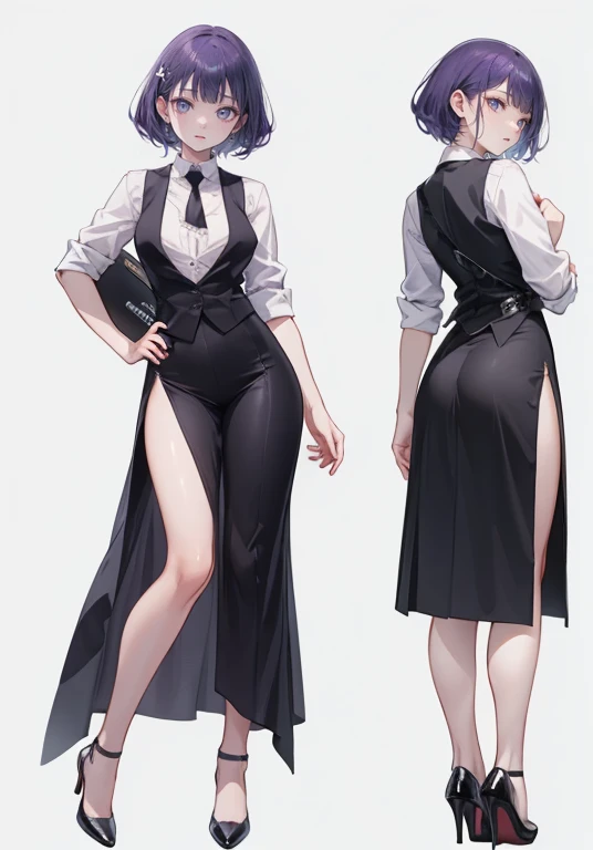 ((Perfect Face)),Purple Hair,Shortcuts,Adult female,bartender,((Harness)),Black vest,((Shirt with rolled up sleeves)),tie,((slit)),High heels,,((Simple Background)),smile,((whole body)),((full body)),Character portrait,upright,,Both arms are lowered,upright,