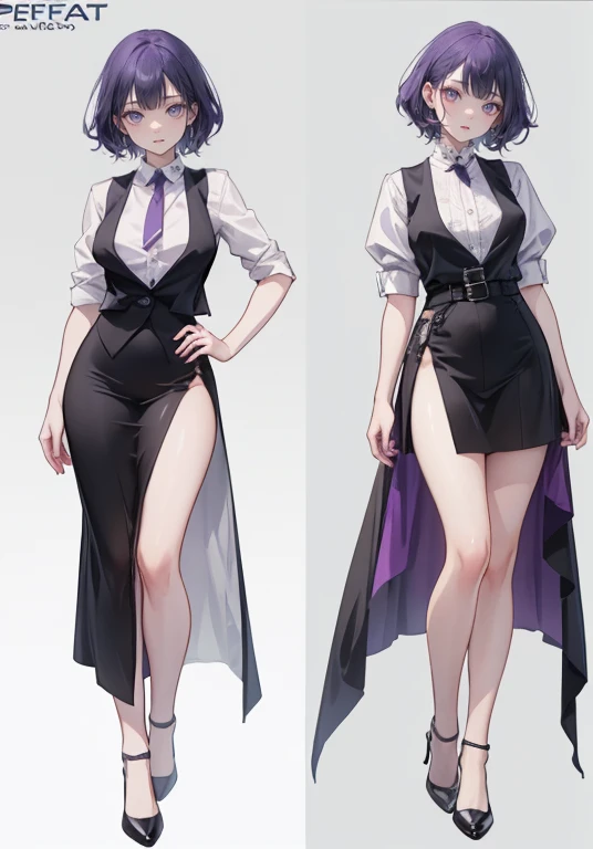((Perfect Face)),Purple Hair,Shortcuts,Adult female,bartender,((Harness)),Black vest,((Shirt with rolled up sleeves)),tie,((slit)),High heels,,((Simple Background)),smile,((whole body)),((full body)),Character portrait,upright,,Both arms are lowered,upright,