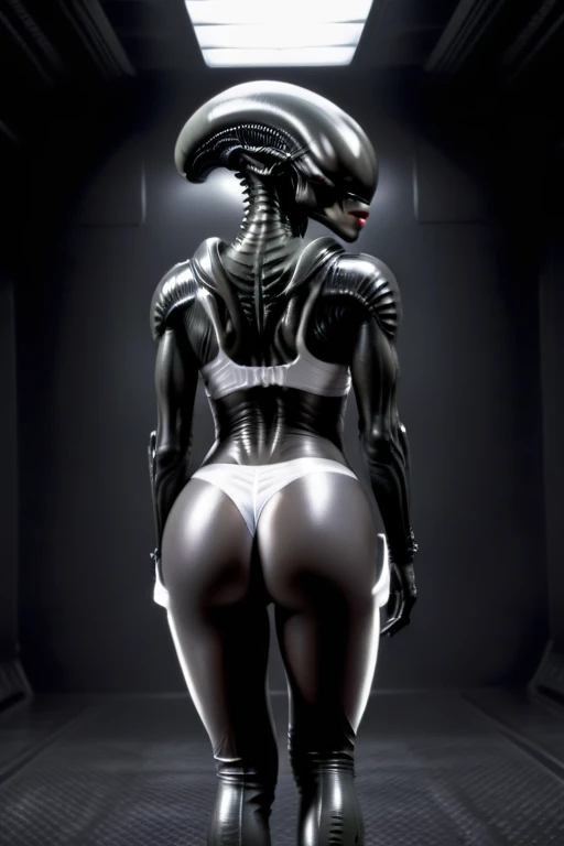 female xenomorph, white underpants and bra, lips, looking back, spreading legs, rear view, black skin, shiny, reflective, white panties, white bra, 