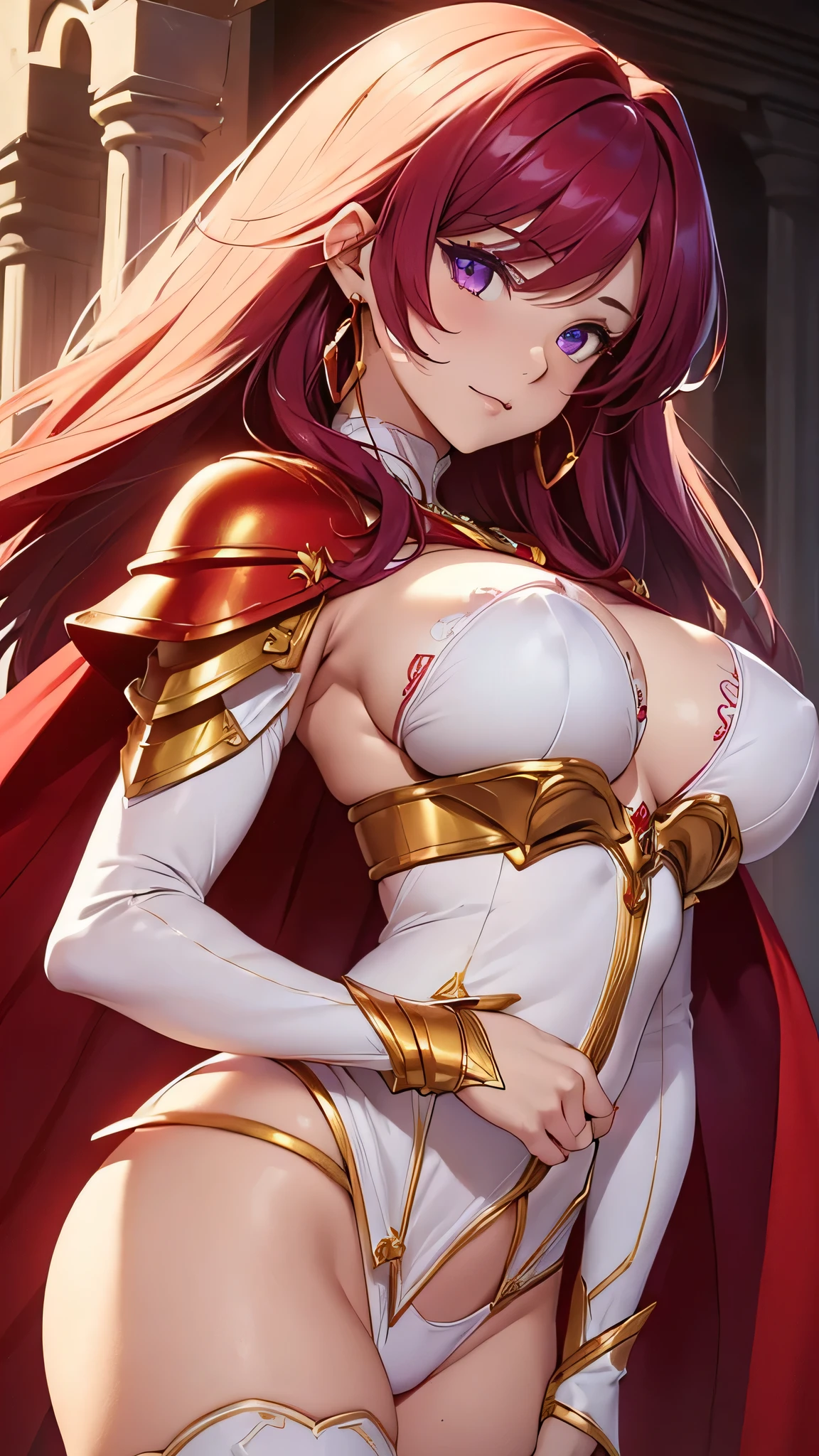 ((beautiful girl)), Bright red hair, Detailed purple eyes, ((White underwear-like armor 1.7)),((Large Breasts:1.3)),((Firm breasts:1.4))Red Cape、Gold Necklace、Golden earrings、In close range