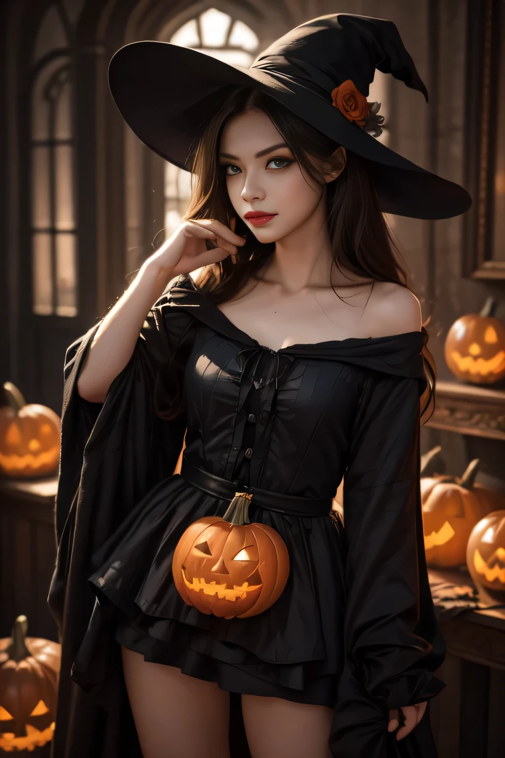 Black Hair, Hair shaking, victory, Long eyelashes, Solid round eye, A faint smile, ears red, direction, Surrealism, shadow, Relief, Stereogram, Standing picture, View, Atmospheric perspective, 8k, Super Detail, precise, best quality,multiple sclerosis. Arafai, Wearing a black dress, Standing in front of a row of carved pumpkins, halloween atmosphere, halloween night, in a halloween style, halloween theme, halloween art style, halloween, Terrible but charming, Beautiful witch spooky woman, Beautiful witch, halloween celebration, spooky halloween night, trick or treat, halloween scene, Beautiful witch,