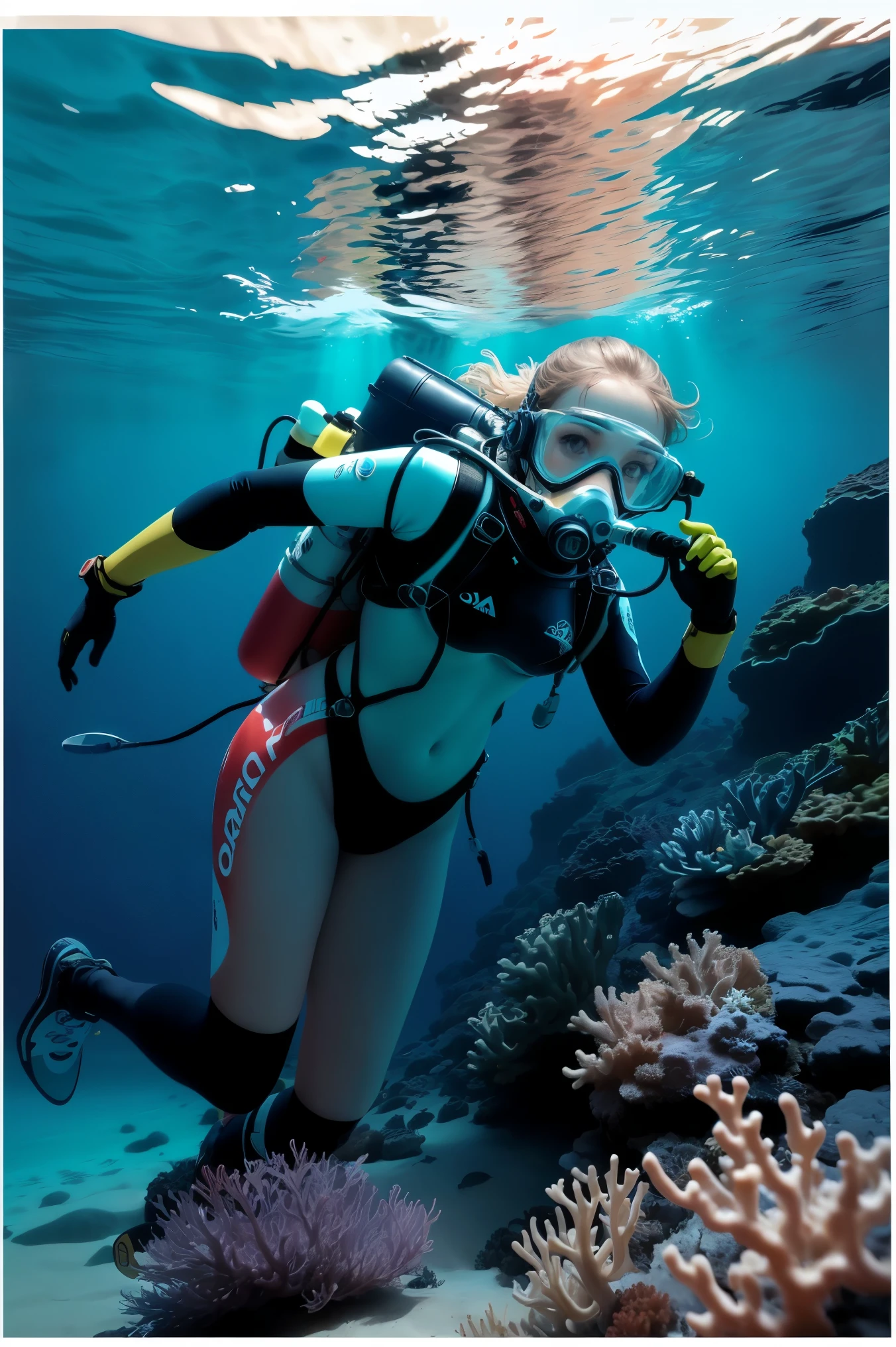 Blonde woman diver in professional bikini exploring underwater, wearing a fato de mergulho and carrying diving equipment, surrounded by coral colorido and vida marinha
Stable Diffusion: (melhor qualidade,4K,8k,high resolution,obra de arte:1.2),ultra-detalhado,(realista,photorealista,photo-realista:1.37),underwater photography,marinho deslumbrante,mergulhador profissional,fato de mergulho,equipamento de mergulho,coral colorido,vida marinha,cores vivas,Underwater exploration,clean water,ambiente marinho,water adventure