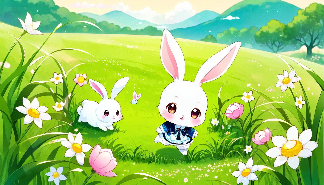 cute ふわふわ, Original Chibi Rabbit, fantasy, cute, rabbit,An illustration, grassland,