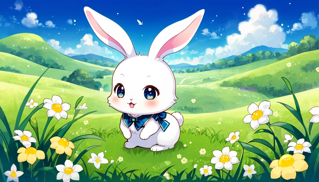  cute ふわふわ, Original Chibi Rabbit, fantasy, cute, rabbit,An illustration, grassland,