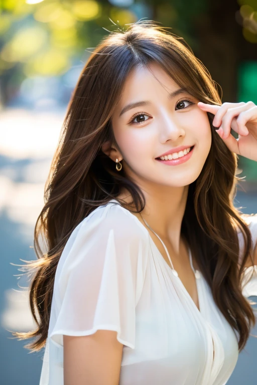 Top quality, 1 girl, long brown hair, sheer white blouse, short denim, emphasizing big chest, putting index finger on lips, casual pose, daylight setting, natural background blur