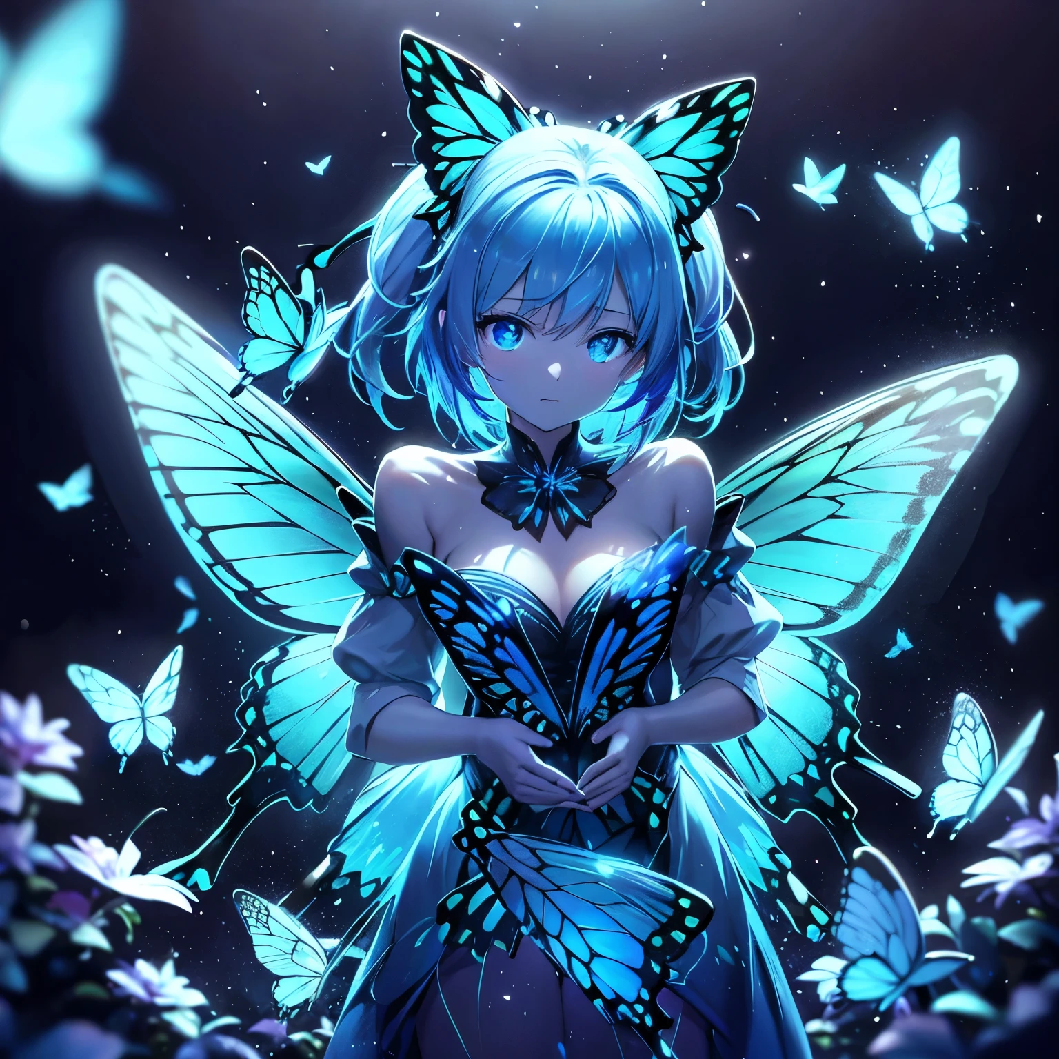 Lots of blue butterflieany blue butterflies flying in the background、Neon Light