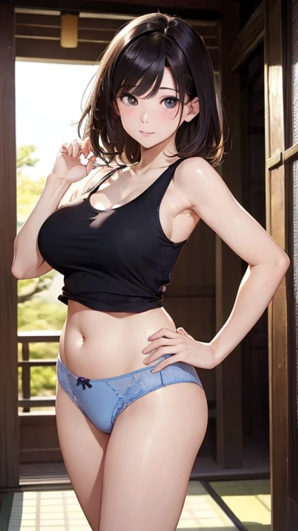 (((masterpiece))),(((High resolution)))、(((8K)))、(((perfect face)))、(((beauty of japan)))、40 years old、(((beautiful face))), (((tanktop))), panty, embarrassed look, look at the camera, (thighs)、top quality eyes, detailed texture, look at the camera, standing, plump, big breasts