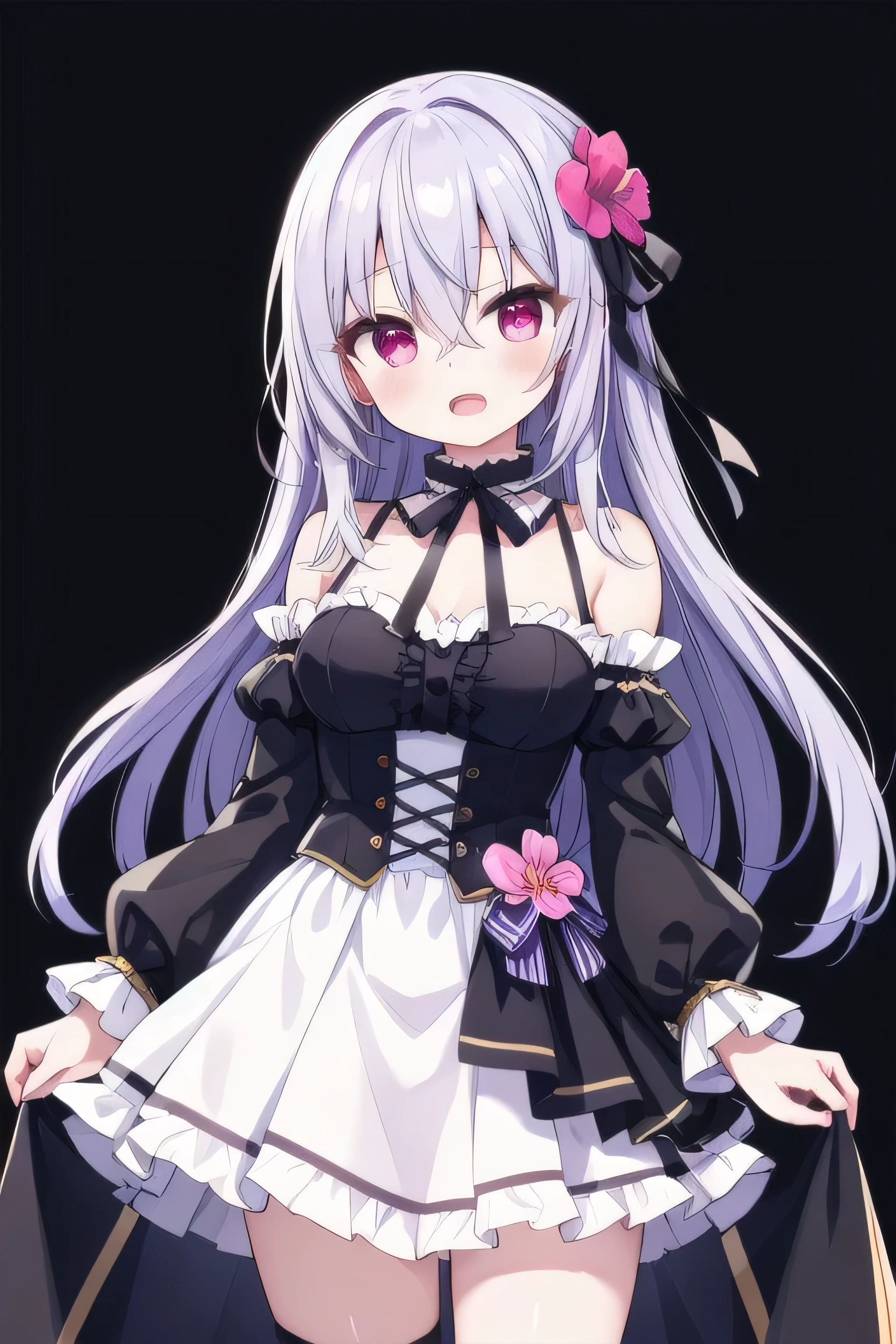 masterpiece, top quality, super detailed, CG illustration, high resolution, better lighting, best shadows, very delicate and beautiful, proper shading, hd, 8k,1girl, solo, long hair, breasts, looking at viewer, open mouth, bangs, skirt, hair ornament, long sleeves, dress, ribbon,hair between eyes, bare shoulders, medium breasts, standing, Bloodred eyes, flower, DeepPurple hair, sidelocks, frills, detached sleeves, hair flower, wide sleeves, black dress, black ribbon, neck ribbon, hair tubes, white skirt, black background,Purple flower, black sleeves