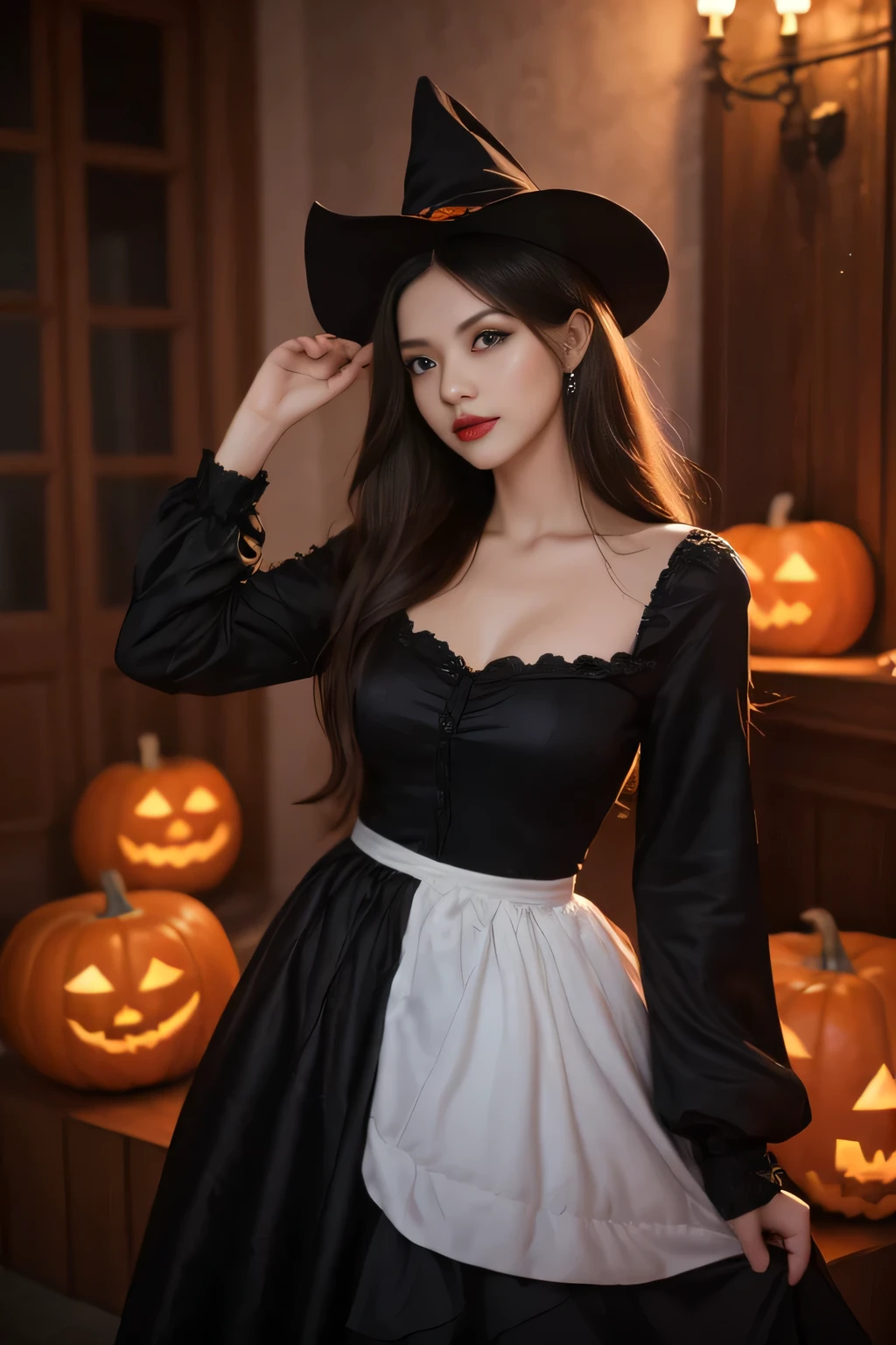 Black Hair, Hair shaking, victory, Long eyelashes, Solid round eye, A faint smile, ears red, direction, Surrealism, shadow, Relief, Stereogram, Standing picture, View, Atmospheric perspective, 8k, Super Detail, precise, best quality，multiple sclerosis. Arafai, Wearing a black dress, Standing in front of a row of carved pumpkins, halloween atmosphere, halloween night, in a halloween style, halloween theme, halloween art style, halloween, Terrible but charming, Beautiful witch spooky woman, Beautiful witch, halloween celebration, spooky halloween night, trick or treat, halloween scene, Beautiful witch, 