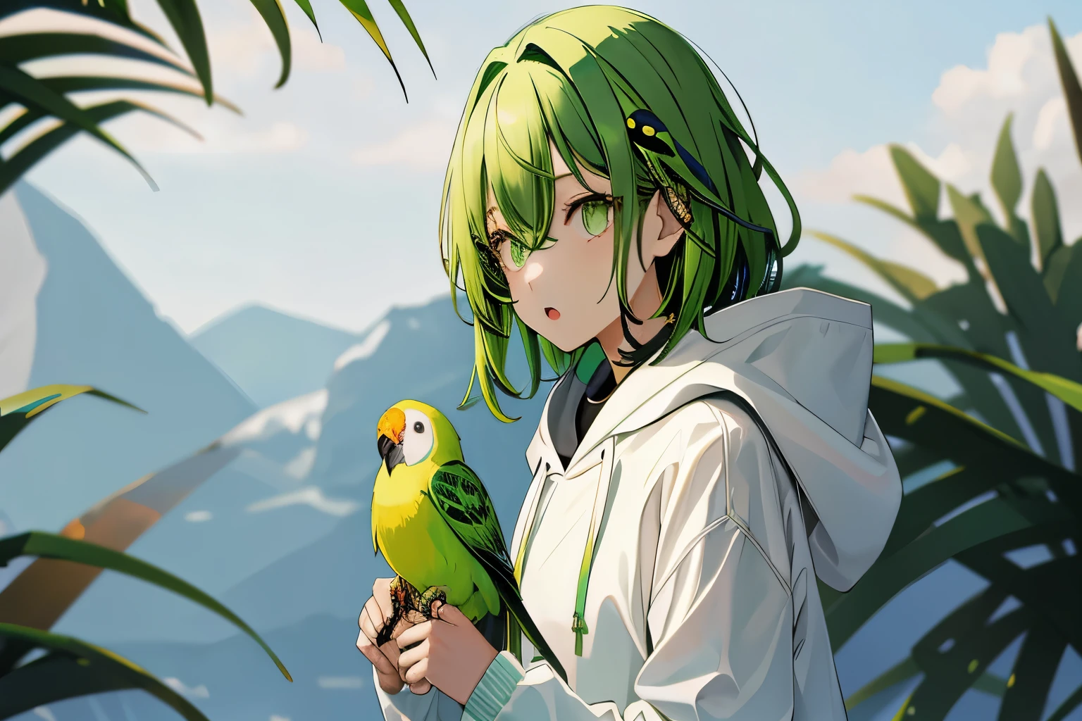 One girl, Upper Body, Light green hair, White hoodie,ten、Cute Parakeet