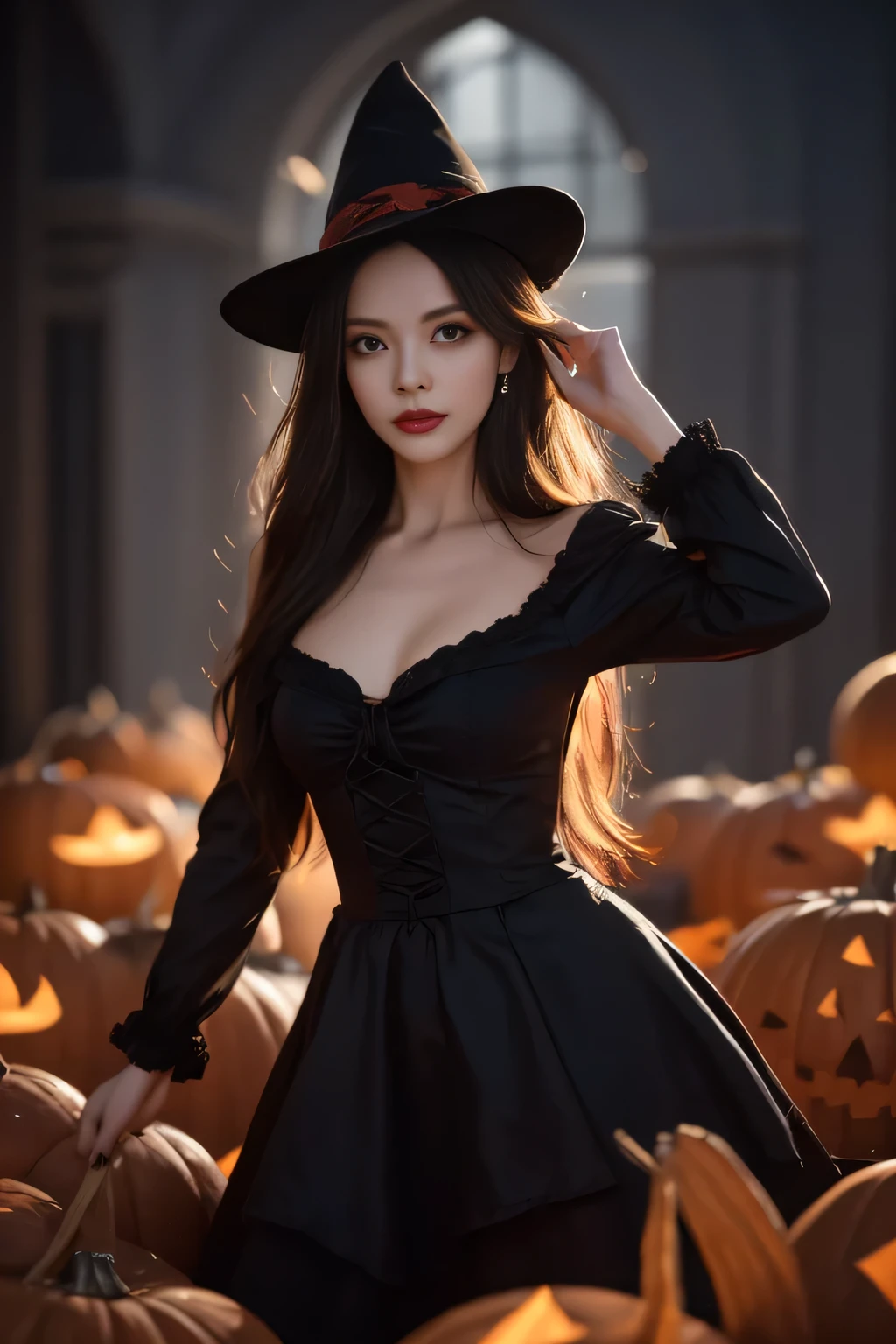Black Hair, Hair shaking, victory, Long eyelashes, Solid round eye, A faint smile, ears red, direction, Surrealism, shadow, Relief, Stereogram, Standing picture, View, Atmospheric perspective, 8k, Super Detail, precise, best quality,multiple sclerosis. Arafai, Wearing a black dress, Standing in front of a row of carved pumpkins, halloween atmosphere, halloween night, in a halloween style, halloween theme, halloween art style, halloween, Terrible but charming, Beautiful witch spooky woman, Beautiful witch, halloween celebration, spooky halloween night, trick or treat, halloween scene, Beautiful witch,