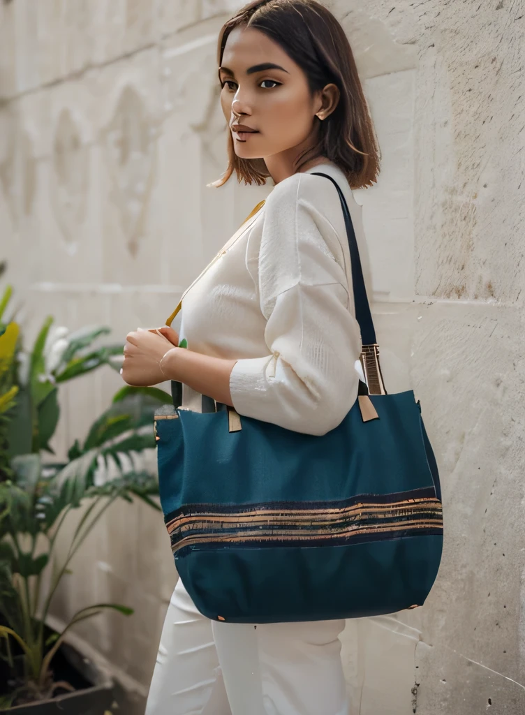 ((melhor qualidade)), ((obra de arte)), (detalhado), perfect face luxury bags photography bags made of lotus flower fiber, fotografia de modelos despojada e moderna, bolsa eco bag, bolsas grandes, BOLSAS GRANDES CHIQUE, cores vibrantes, mulher negra, pele escura , fundo branco, fiber pants