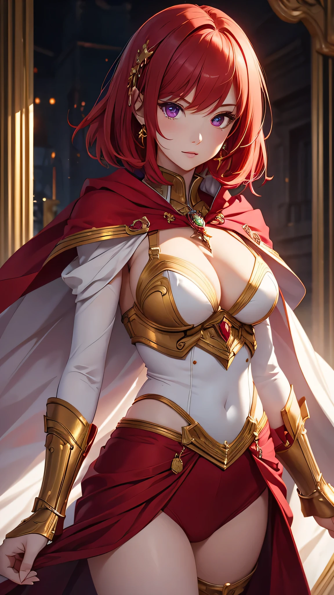 Highest quality、highest quality、Highest Resolution、beautiful girl, Bright red hair,Short Hair、Hair clip, Detailed purple eyes, White armor like underwear,Large Breasts,Firm breasts,Red Cape、Gold Necklace、Golden earrings、In close range