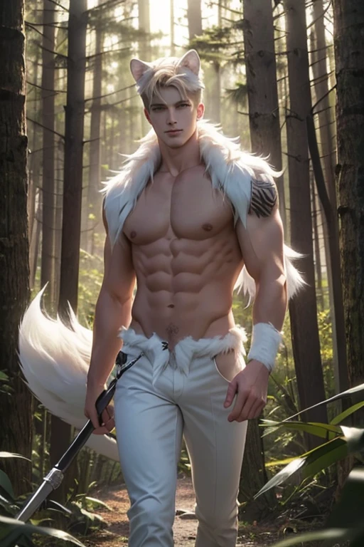 Full Body photorealistic 4k, high resolution, Cody Christian,,best quality, masterpiece, perfect color, perfect shade, perfect lighting, Posted by e621, ((portrait)), ((handsome man)), perfect male figure, Short hair details,Naked and nude torso,Detailed face, perfect face, (stood up), Detailed background, ((Bonifasco Lighting)), (delicate eyes),(animal ears white wolf),((big fluffy tail)),tattoo,((forest)),emaciated. Smiling