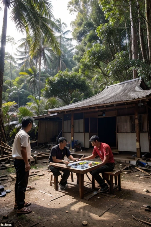 Malay an and his 3 Chinese friend playing gambling in the forest near small house. (( the forest was cut down to build the building)) (( tsunami wave attack this place))