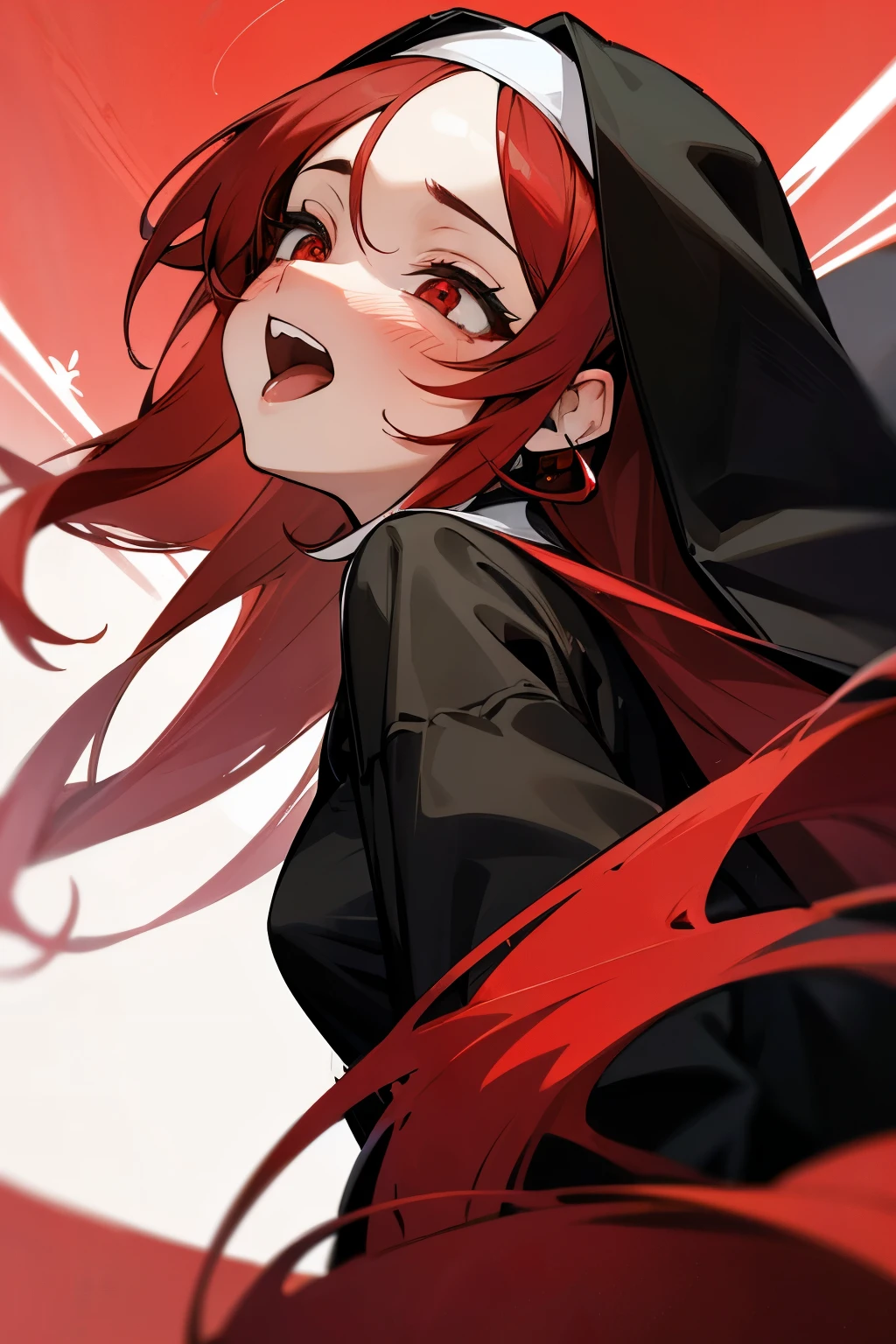 Love in the eyes, long red hair, red pupils, blushing, Cute, wide open mouth, show tongue, rolling eyes, black nun outfit, goat horn, black earring