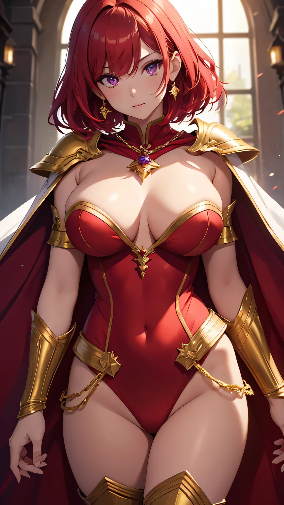 Highest quality、highest quality、Highest Resolution、beautiful girl, Bright red hair,Short Hair、Hair clip, Detailed purple eyes, White armor like underwear,Large Breasts,Firm breasts,Red Cape、Gold Necklace、Golden earrings、In close range