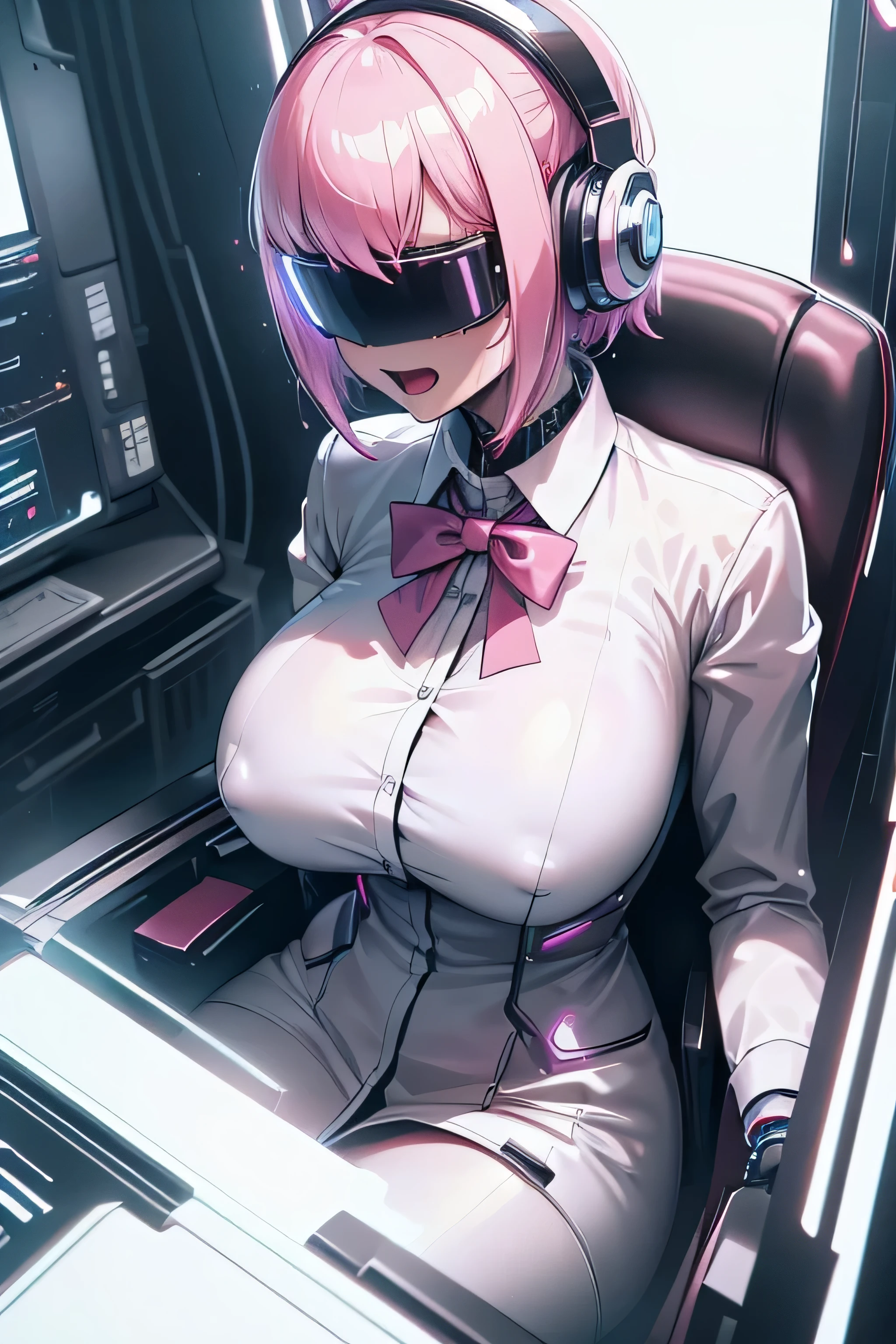 Anime cyborg girl sitting in a pilot seat wearing a virtual reality headset covering her eyes on her face with machinery and tubes and wires going inside her head and brain, (Best quality,highres:1.2), ultra-detailed, (realistic:1.3), cyberpunk, futuristic, portrait, shiny revealing latex outfit, cyber implants, virtual reality, drooling face, cables plugging into brain, shirt collar, bowtie, formal clothing, open mouth smile, facing viewer, girl is vibrating, glowing virtual reality headset, relaxed expression, blushing, cyber future formal wear, cyberpunk, futuristic, brain drain, cyber implants, virtual reality, drooling face, virtual reality headset covering eyes, , big collar, high collar, open mouth smile, pleasured face expression, skin tight clothing, big shirt collar, big bowtie, biggest breasts in the world, light-emitting cable connected to brain, head antennas, oversized headphones, breasts are vibrating, open mouth drooling, blank expression, red face blush, cyborg, android, mechanical creature, mechanical torso, futuristic cyberpunk cyborg body, slim futuristic android, glowing lights on girls body, power cells, head is emitting pink light, formal shirt collar, big formal bowtie, , glowing nipples, big shirt collar, high collar, white collar, electrocution, girl being electrocuted, electricity, electricity sparks, pink hair, short hair, neon pink hair, body modification, orgasm, pleasure, (VR headset covering the eyes), vibrating breasts, vibrating girl, intense vibration, glowing nipples, lightbulb nipples, girl wearing large VR headset, glowing eyes, blank eyes, focused face expression, buttoned up white dress shirt, formal shirt with huge collar