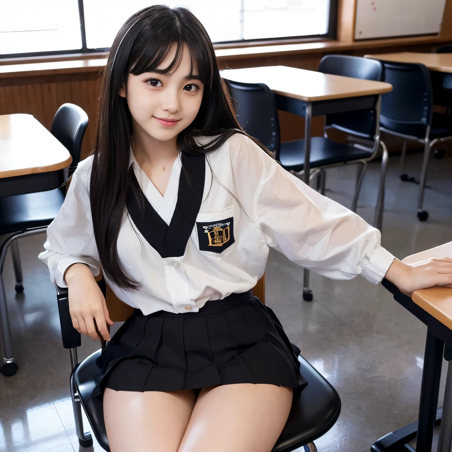 Best-quality, Masterpiece, Ultra-High-Resolution, (Photorealistic:1.4), Raw-Photo, 1girl, 18-years-old, the most famous Japanese idol, at classroom, sitting on classroom's chair, wearing extremely childish underwear and high-school uniform and , ((extremely cute face like the most popular Japanese idol, ((extremely cute and extremely big black-eyes)), extremely beautiful hair, extremely cute lips, extremely beautiful skins)), extremely beautiful thighs, innocent-smile, detailed classroom, detailed classroom's-chair, (detailed extremely-childish-underwear)