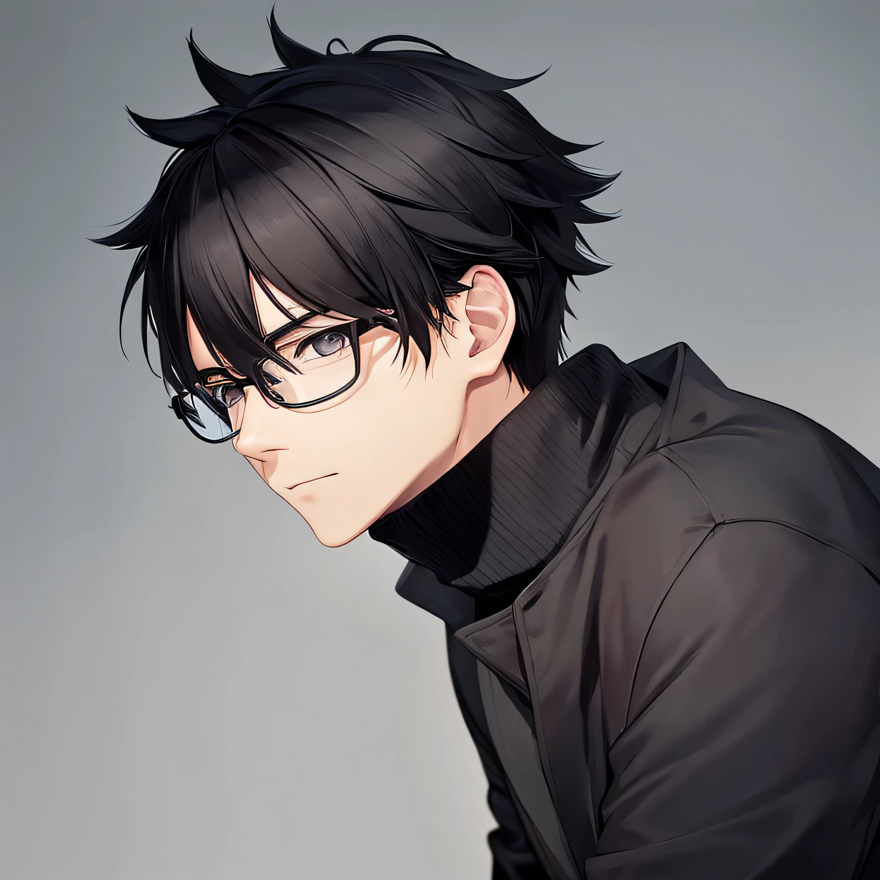 an Asian man, black turtleneck, glasses, black hair, perfect, facing forward, masterpiece, hair a little messy, like killua