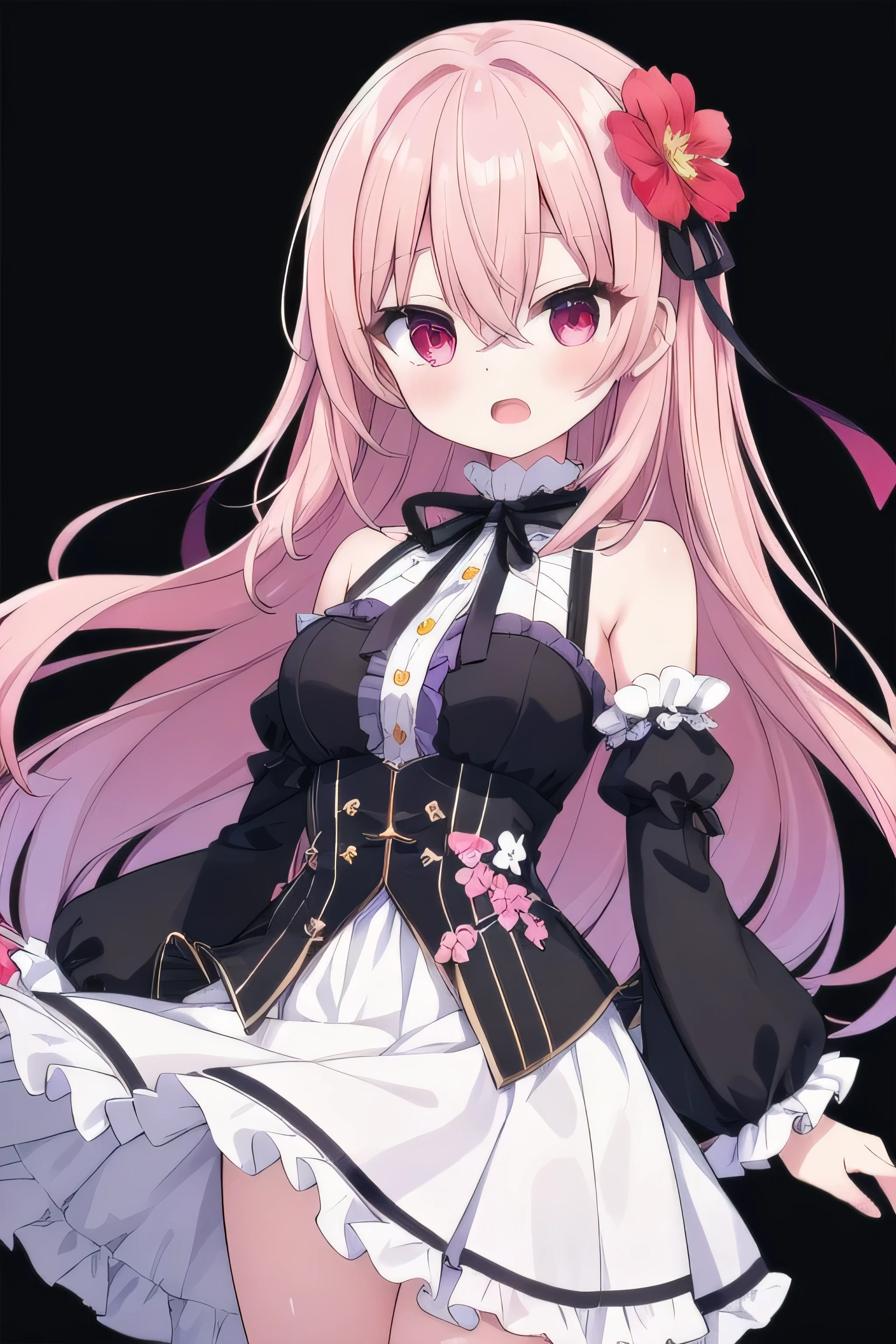 masterpiece, top quality, super detailed, CG illustration, high resolution, better lighting, best shadows, very delicate and beautiful, proper shading, hd, 8k,1girl, solo, long hair, breasts, looking at viewer, open mouth, bangs, skirt, hair ornament, long sleeves, dress, ribbon,hair between eyes, bare shoulders, medium breasts, standing, Bloodred eyes, flower, DeepPurple hair, sidelocks, frills, detached sleeves, hair flower, wide sleeves, black dress, black ribbon, neck ribbon, hair tubes, white skirt, black background,Purple flower, black sleeves