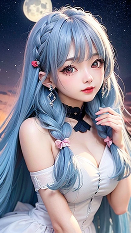 Large breasts、(high quality, masterpiece), One Girl, Twin tails、stop temporarily, particle, Wind, flower, Upper Body, Simple Background, View audience, , milky way,smile、Turquoise Eyes、(Long silver and light blue hair)、Red eyeshadow、Light pink lipstick、flower柄、Pink Sexy ta、Braid、Cute earrings、Wind、Crescent Moon、Dynamic pose、Looking up at the sky、Thick thighs、Big Ass