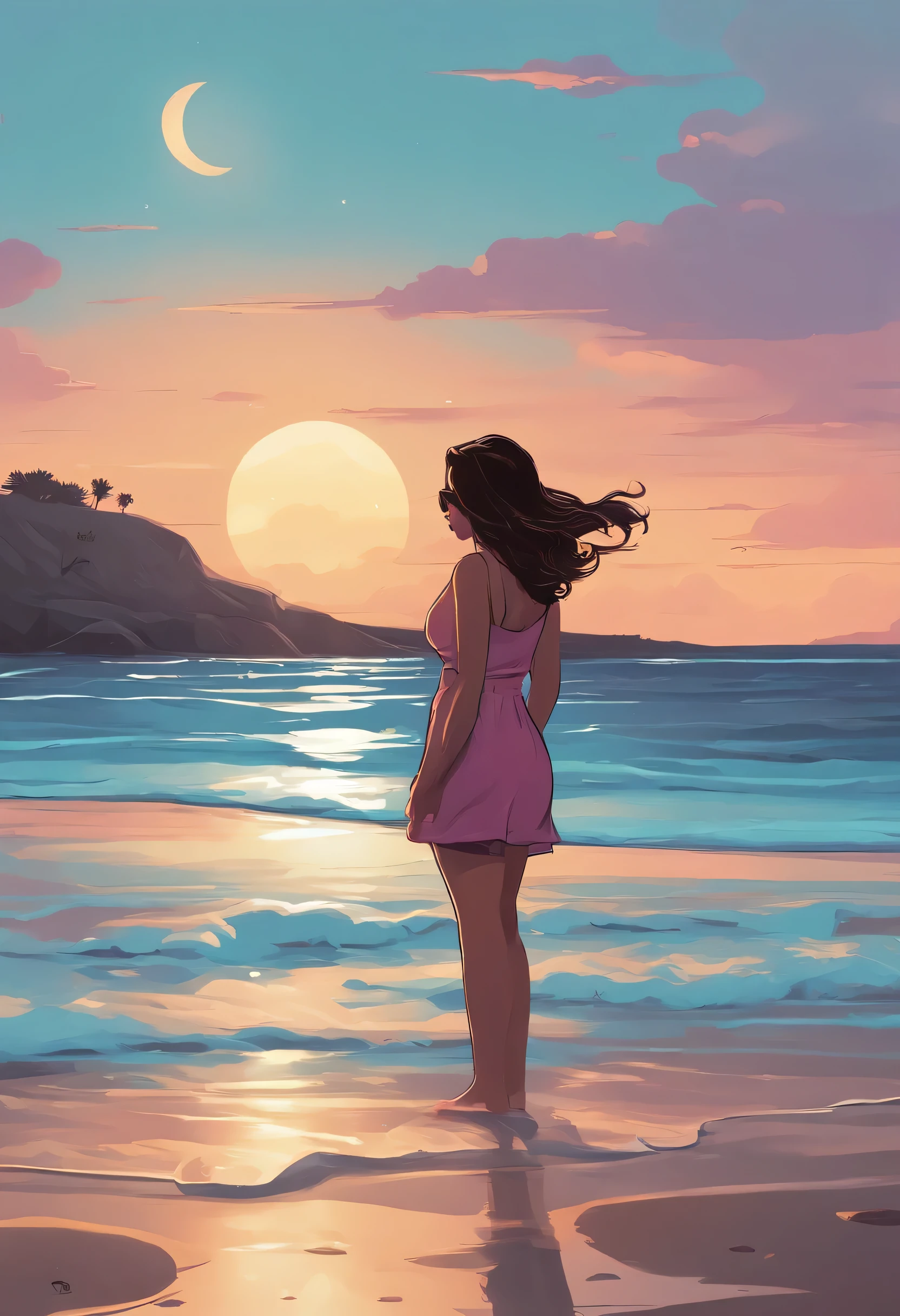 Skottie Young Style - 2d vector illustration, A girl standing on a Beach, evening weather, trending pixiv fanbox, acrylic palette knife, 4k, vibrant colors, devinart, trending on artstation,, smooth lighting and pastel colors. graffiti background, (8 colors), by Skottie Young