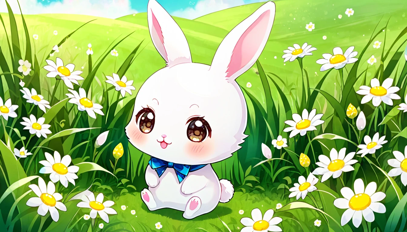 cute ふわふわ, Original Chibi Rabbit, fantasy, cute, rabbit,An illustration, grassland,