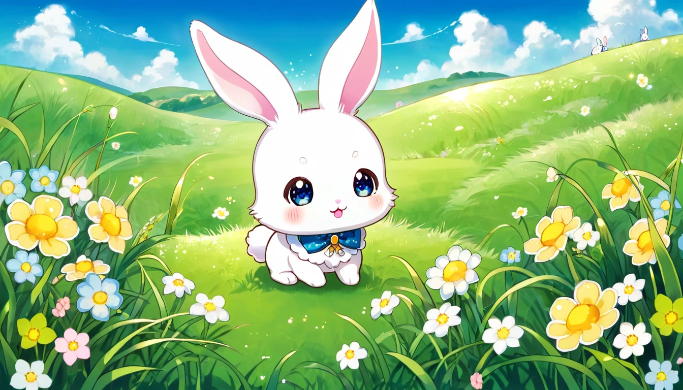  cute ふわふわ, Original Chibi Rabbit, fantasy, cute, rabbit,An illustration, grassland,