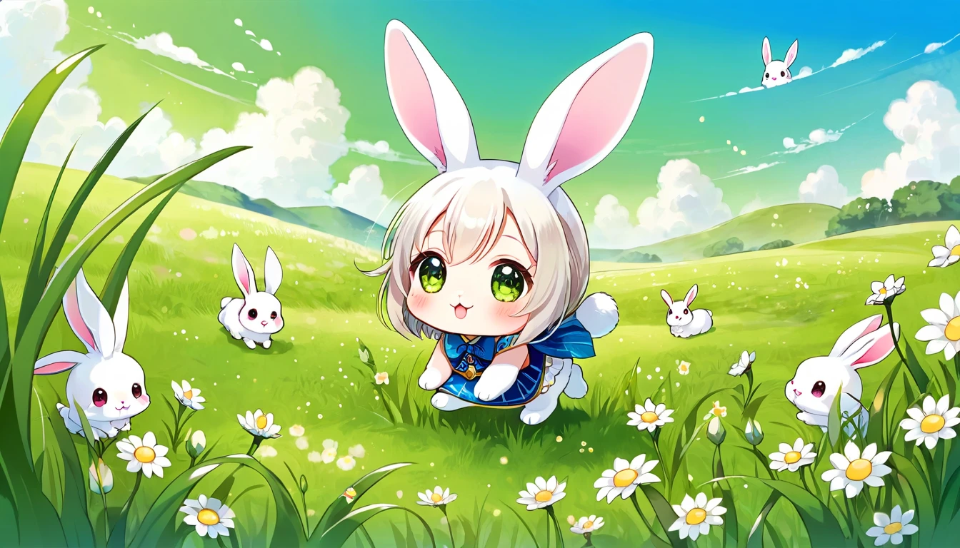 cute ふわふわ, Original Chibi Rabbit, fantasy, cute, rabbit,An illustration, grassland,