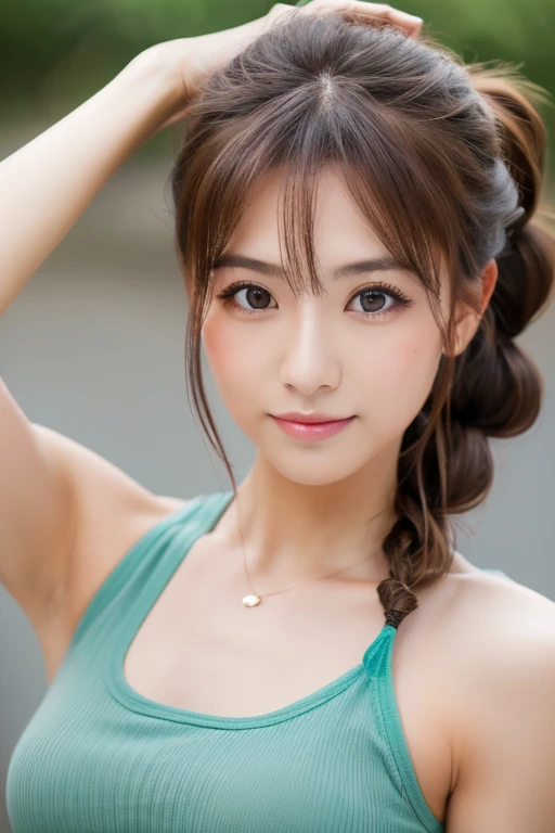 ((highest quality, 8k, masterpiece :1.3)), One girl, Beautiful woman with slim abdominal muscles :1.3, (Random Hairstyles :1.2), Oversized tank top :1.2, Very beautiful face, Beautiful Eyes, double eyelid, Underarm,Japanese,