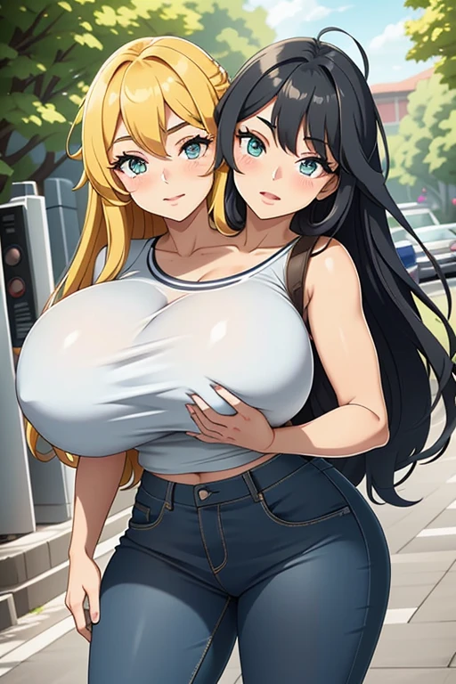 2heads, a short fat woman with two heads. She has enormous breasts. She is is outside on a sunny day. She is wearing a tight t shirt and jeans. She has enormous perky . The viewer's arm is touching her breast. She looks aroused. She is blushing. She has gigantic perky breasts. She looks lustful. An arm from the viewer's perspective is reaching out and touching her enormous breasts. One arm from viewer's perspective touching . She has long hair. Her breasts are being groped.