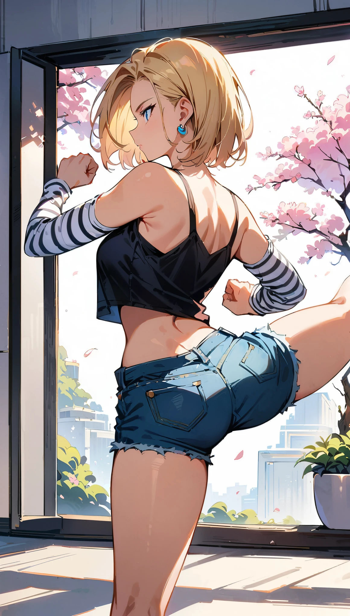 (masterpiece, best quality:1.2), 1girl, solo, Android 18 from Dragon Ball, slender feminine figure with slim toned legs, white headphones, short blonde hair, blue eyes, earrings, jewelry, denim vest, black fitted and cropped camisole, denim shorts, striped long sleeves, exposing her shoulders, practicing kickboxing kicks barefoot, left leg raised high in a graceful front kick, toes pointed, right fist raised in a guard position, body slightly twisted with elegant poise, looking focused, white potted plant, an additional small white potted plant in the foreground, chic and pristine futuristic white room with sleek lines and minimalist decor, no clutter, large window with cherry blossoms blooming outside, side view, 4K