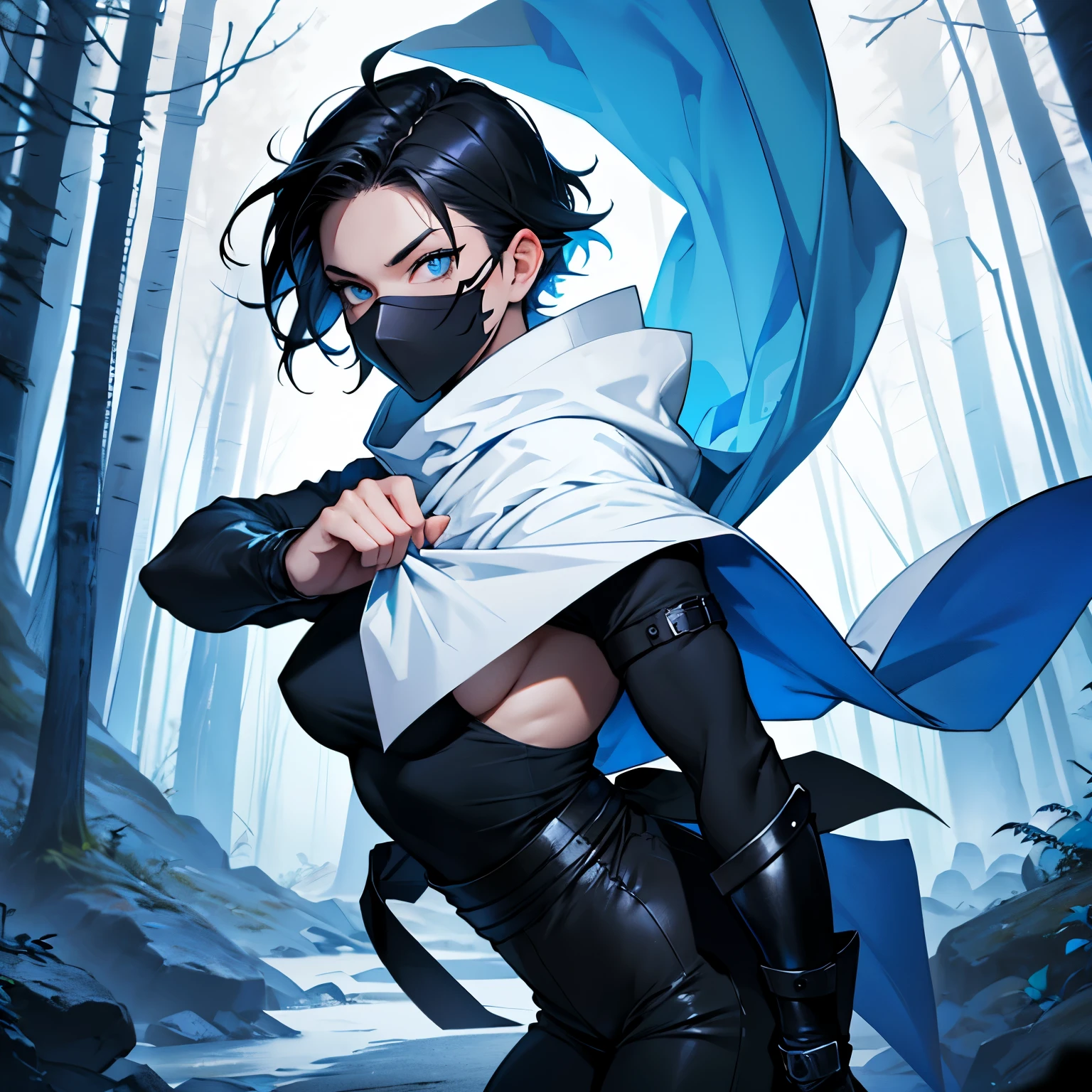 Ninja Woman, White cloak, short hair, Black hair, blue eyes, bare hands, ice themed, black pants, blue top clothes, ninja pose, forest background, no mask