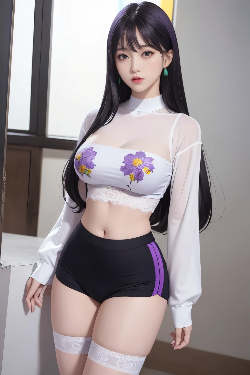 photorealistic, high resolution, 1 girl, long hair, korean, beauty eyes, print white sexy shirt, skimpy tight black shorts, thick thighs,print crop top sexy, lace underwear, yellow, red, blue, pink, purple, violet, green, cyan, white, show breast,