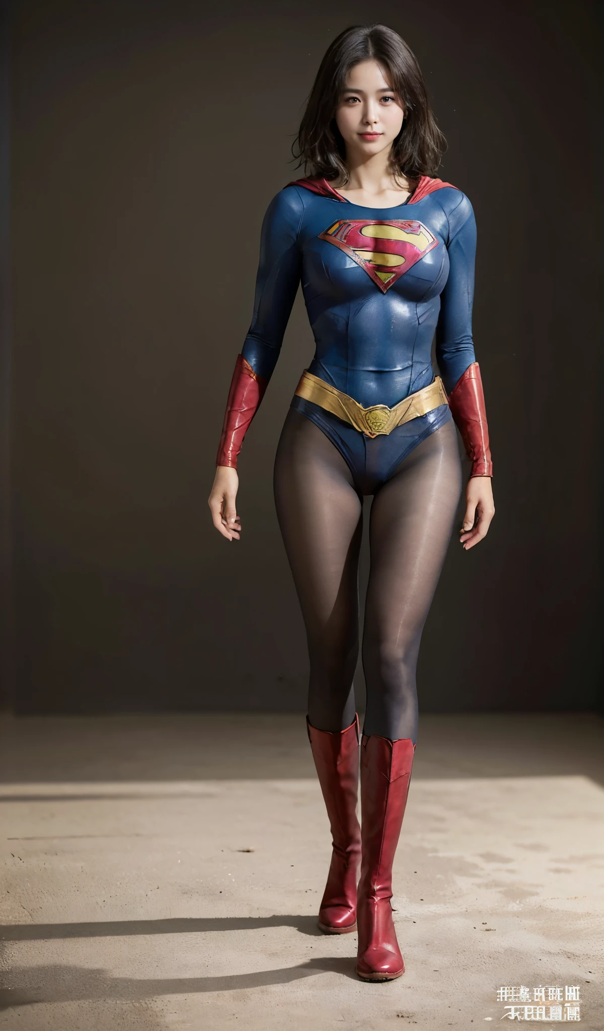 No background、(((Beautiful legs in black tights.)))、(((Legally express the beauty of your smile)))、((((Make the most of your original images)))、(((Supergirl Costume)))、(((Beautiful boyish short hairstyle)))、(((suffering)))、(((Please wear black tights....、Wear red boots)))、((Best image quality、8k))、((highest quality、8k、masterpiece:1.3))、(((Preserve background )))、Sharp focus:1.2、Beautiful woman with perfect figure:1.4、Slim Abs:1.2、Wet body:1.5、Highly detailed face and skin texture、8k