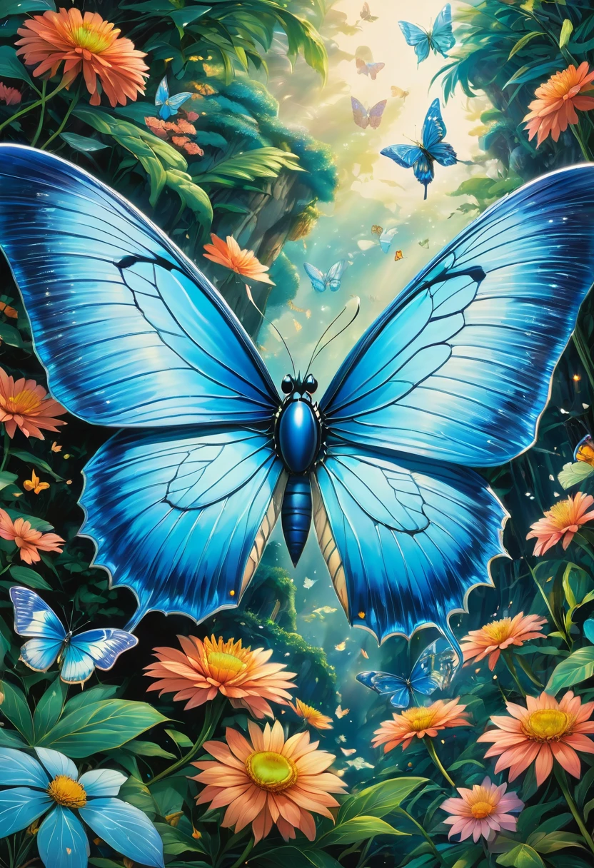 blue butterfly, by Studio Ghibli, best quality, masterpiece, very aesthetic, perfect composition, intricate details, ultra-detailed