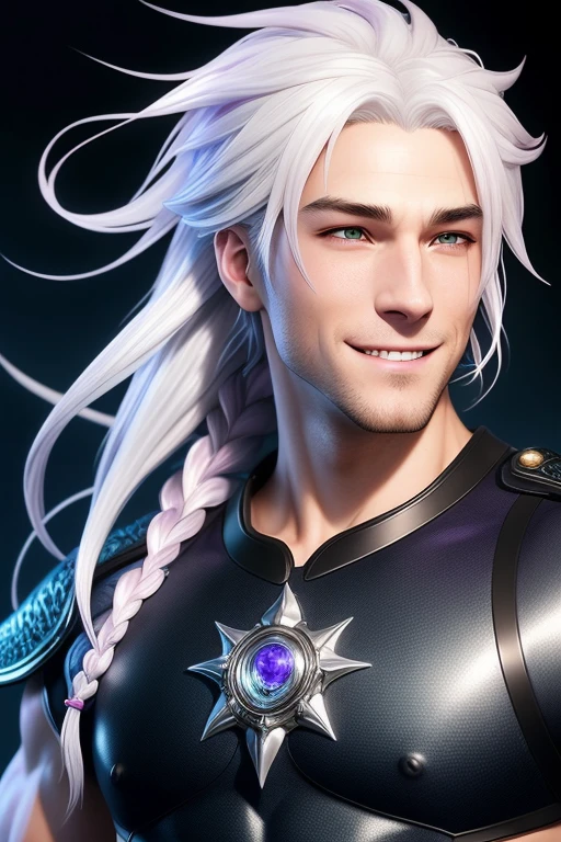 1man, White Hair, Long tied Hair, Orange eyes, naked, purple fin ear, manly, manhwa style, mermaid's tail is blue and light pink, there is a black dragon tattoo on his back. Smiling showing his teeth, fantasy art, photo realistic, dynamic lighting, artstation, poster, volumetric lighting, very detailed faces, 4 k, award winning,